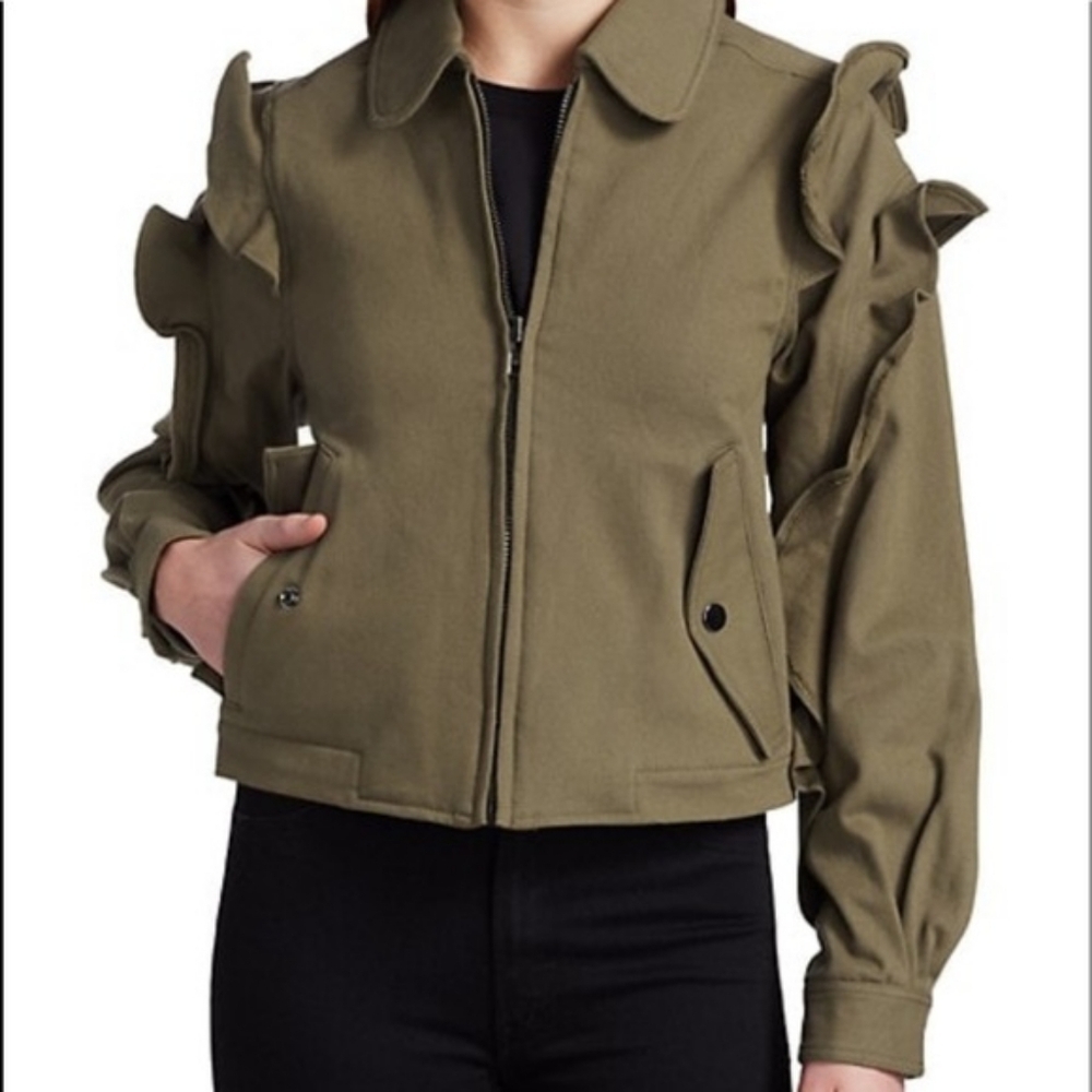 dh New York Ruffle Sleeved Olive Green Cropped Bomber Jacket